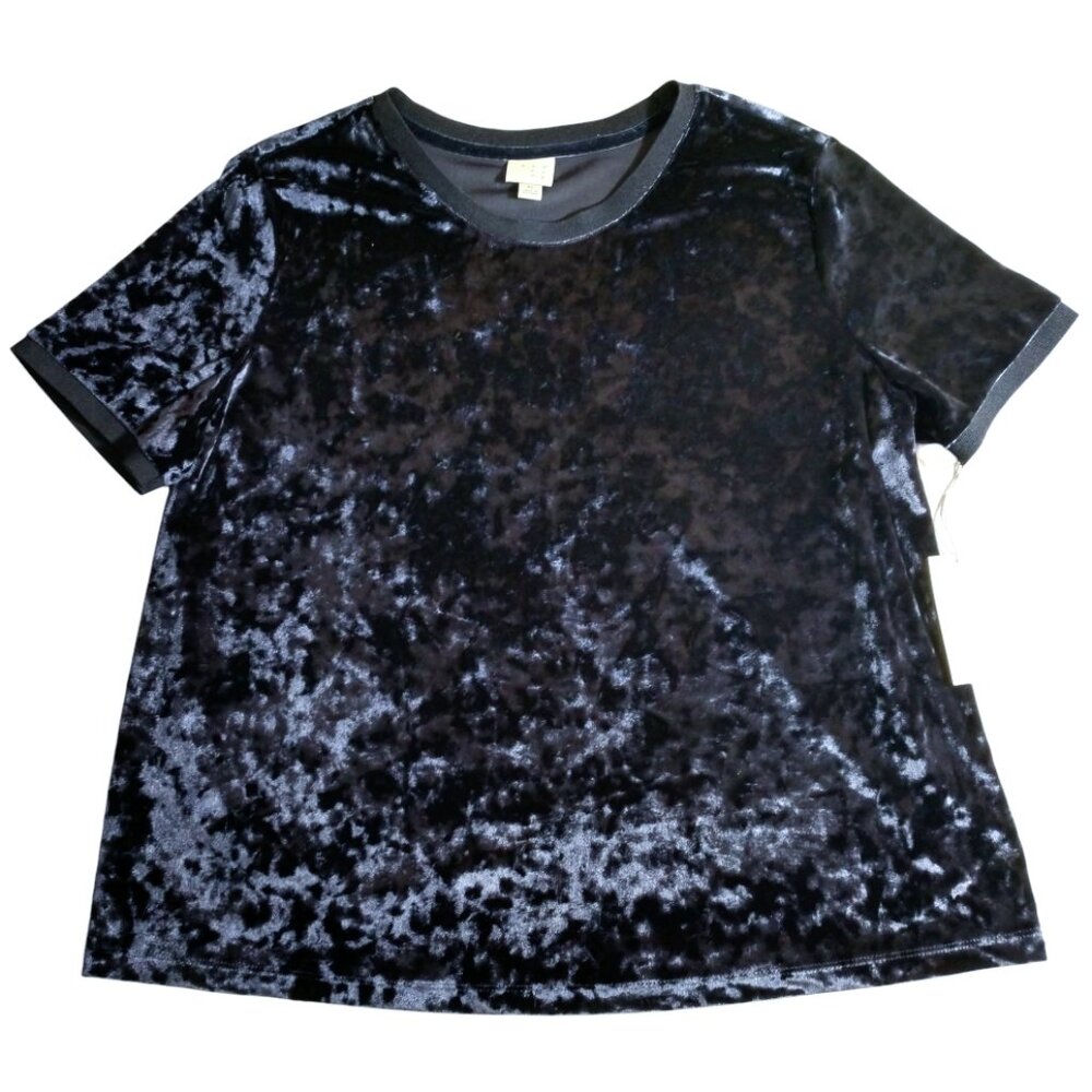 NWT A New Day Women's Blue Velvet Round Neck Short Sleeve T-Shirt XL X-Large
